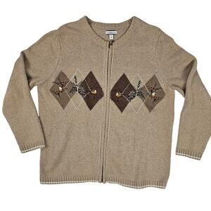 VTG Y2K tan zipfront cardigan birds argyle holly winter grandma cottage 1X